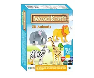 WoodKraft 3D Animals DIY Craft Kit with Paint Set, Safari Theme, Ages 3+