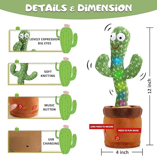 Dancing Cactus Toy for Kids (1 Year Warranty) Talking Singing Children Baby Plush Electronic Toys Voice Recording Repeats What You Say LED Lights