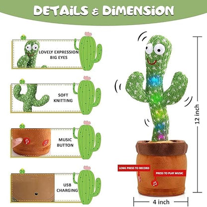 Dancing Cactus Toy for Kids (1 Year Warranty) Talking Singing Children Baby Plush Electronic Toys Voice Recording Repeats What You Say LED Lights