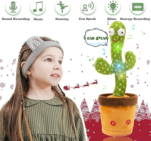 Dancing Cactus Toy for Kids (1 Year Warranty) Talking Singing Children Baby Plush Electronic Toys Voice Recording Repeats What You Say LED Lights